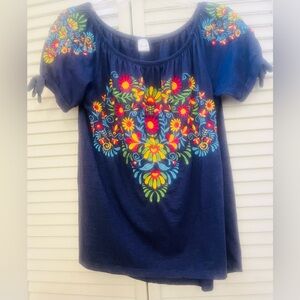 BARE YOUR SOUL Vibrant Floral Navy Embroidered Top